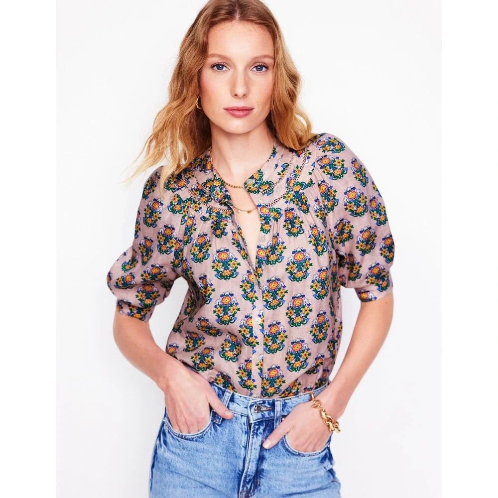 Boden Pink Floral Bea 100% Linen Lace Trim Puff Sleeve Blouse Top US 4 UK 8 Boho